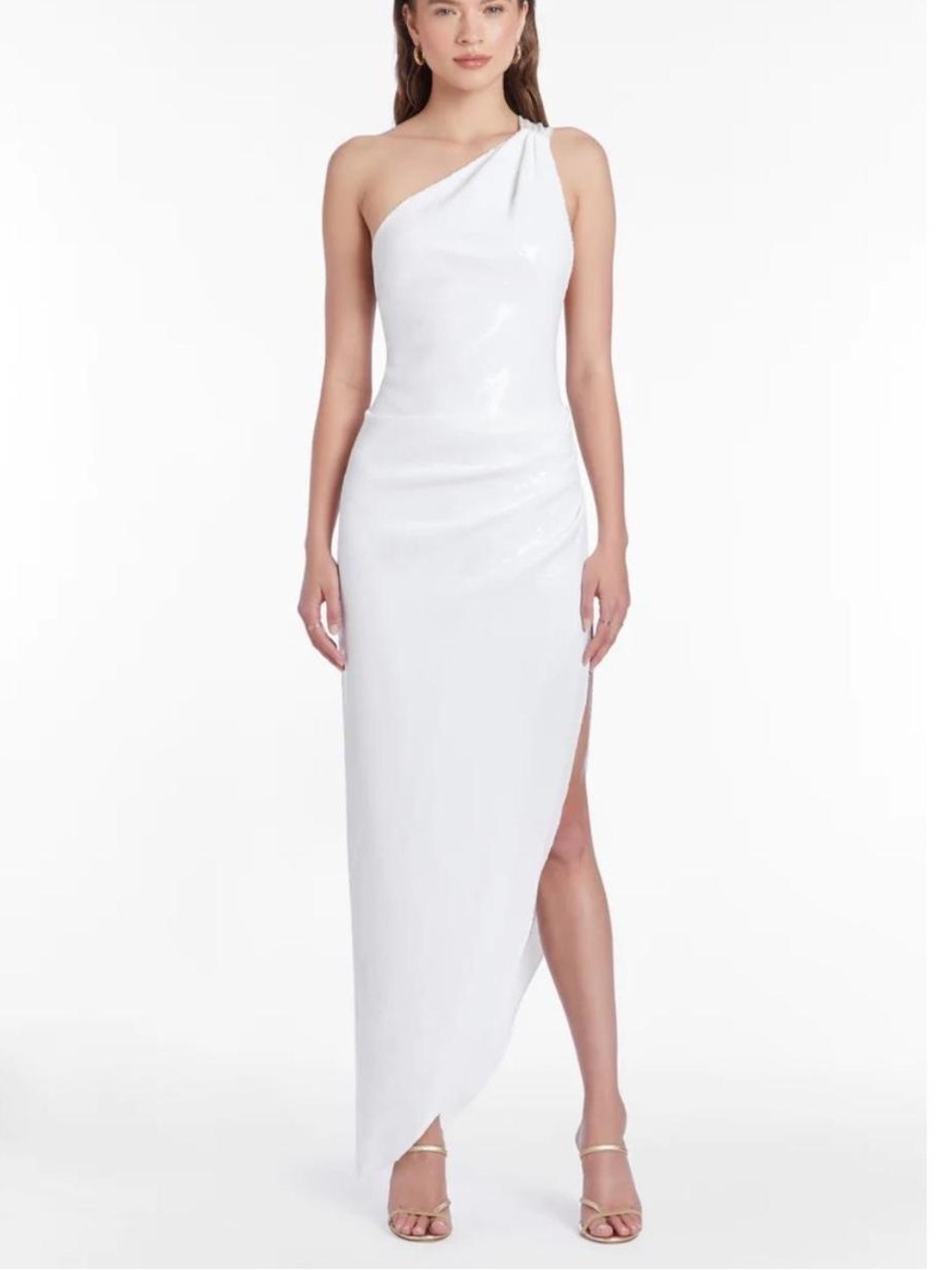 Amanda Uprichard Jaida White Sequin One-Shoulder High Slit Gown Maxi Dress Sz M
